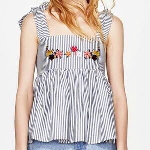 NWOT ZARA Women’s Sz M Striped Floral Embroidered Top